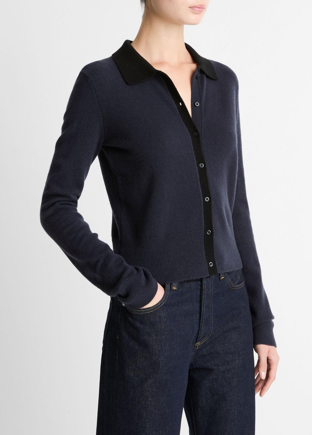Contrast-Trim Wool & Cashmere-Blend Collared Cardigan in Cardigans - NIGHT MARINE/BLACK