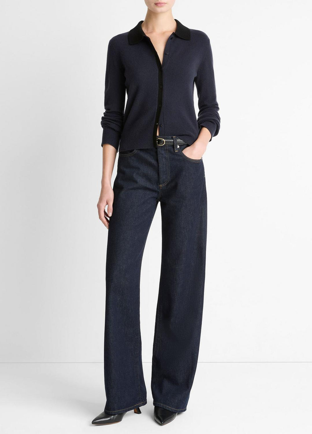 Contrast-Trim Wool & Cashmere-Blend Collared Cardigan in Cardigans - NIGHT MARINE/BLACK