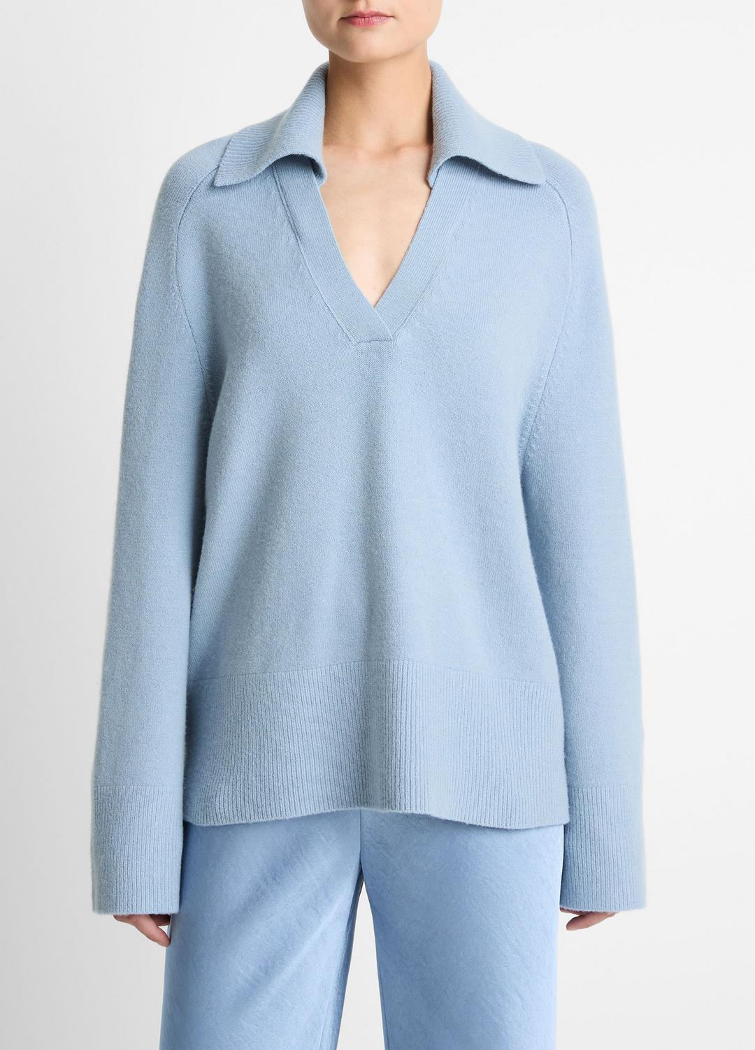 Wool & Cashmere-Blend Oversized Polo Sweater in V-Neck - PACIFIC