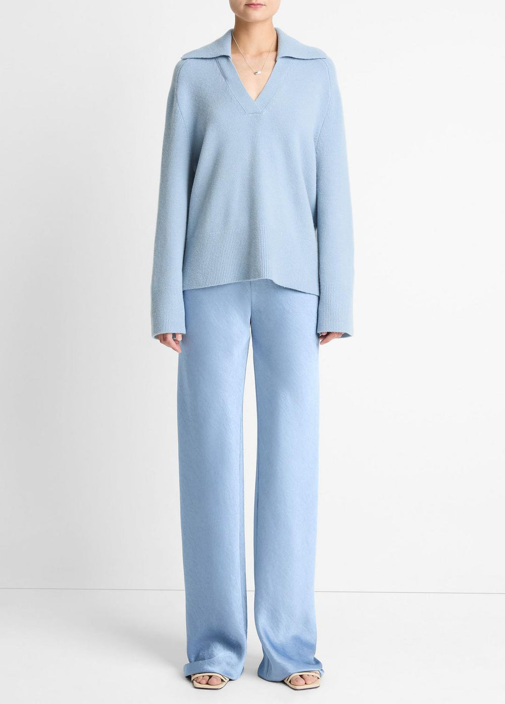 Wool & Cashmere-Blend Oversized Polo Sweater in V-Neck - PACIFIC