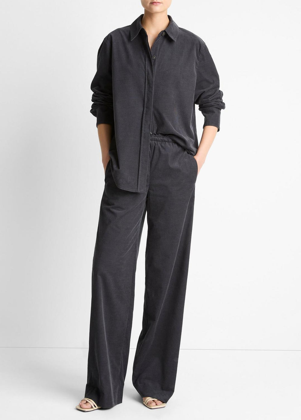 Cotton Corduroy Pull-On Pant in Wide Leg - GRAPHITE