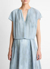 Washed Ombré Silk Gathered Cap-Sleeve Blouse in Short Sleeve - AZURA WASH