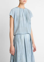 Washed Ombré Silk Gathered Cap-Sleeve Blouse in Short Sleeve - AZURA WASH