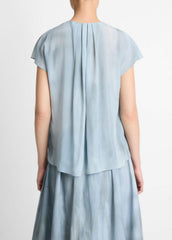 Washed Ombré Silk Gathered Cap-Sleeve Blouse in Short Sleeve - AZURA WASH