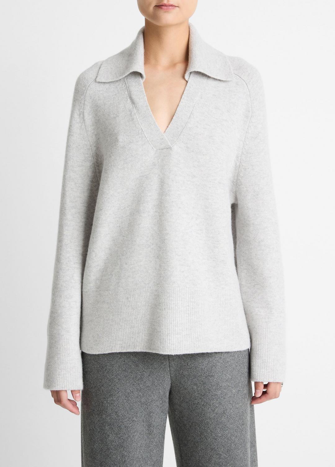 Wool & Cashmere-Blend Oversized Polo Sweater in V-Neck - HEATHER PALE GREY
