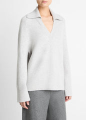 Wool & Cashmere-Blend Oversized Polo Sweater in V-Neck - HEATHER PALE GREY