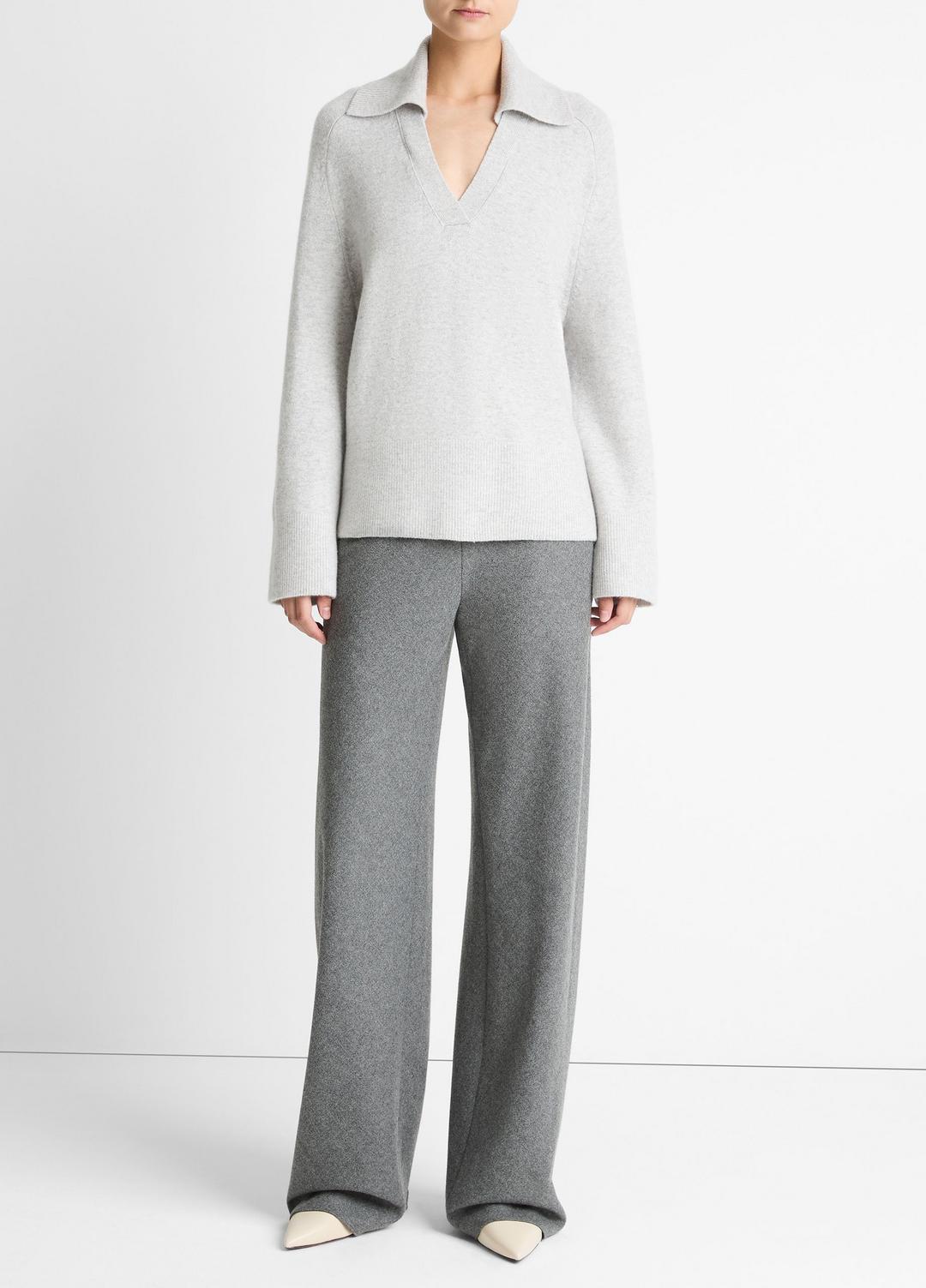 Wool & Cashmere-Blend Oversized Polo Sweater in V-Neck - HEATHER PALE GREY