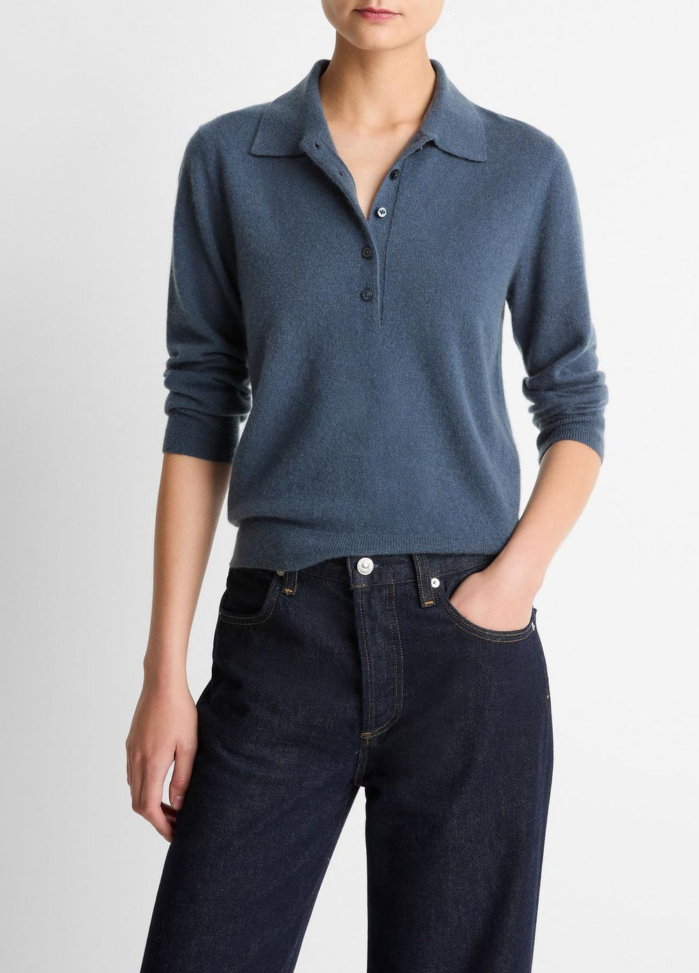 Cashmere-Silk Polo Sweater in Cashmere - AZURA