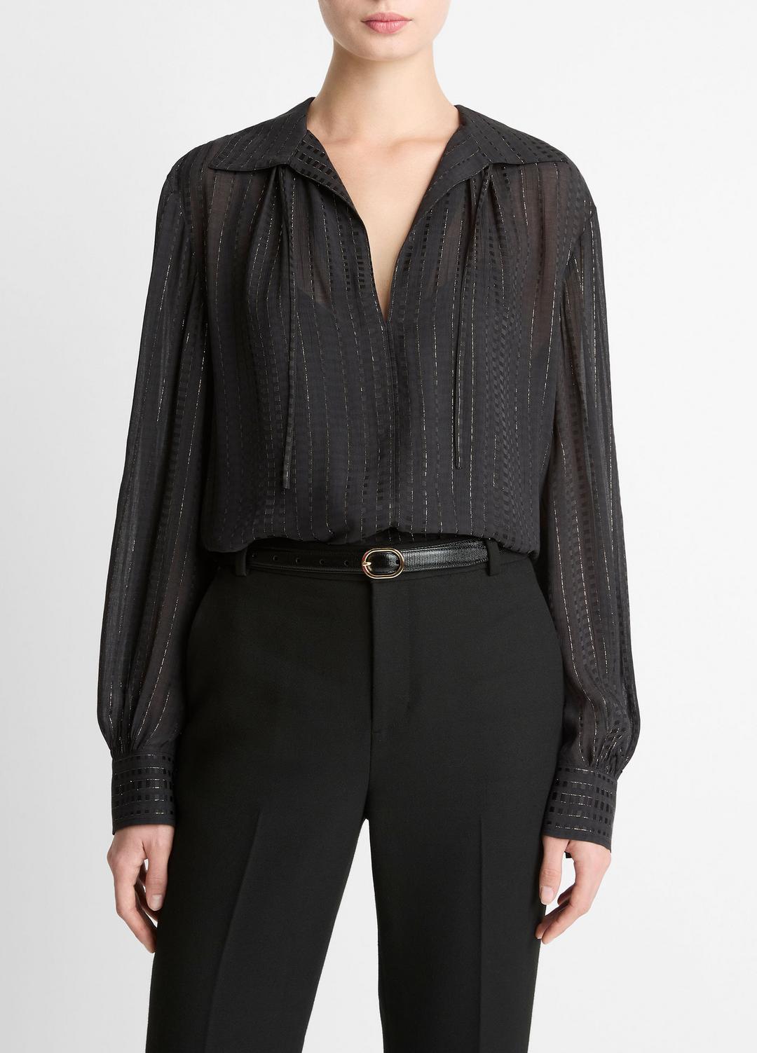 Metallic-Stripe Gathered Blouse in Long Sleeve - BLACK
