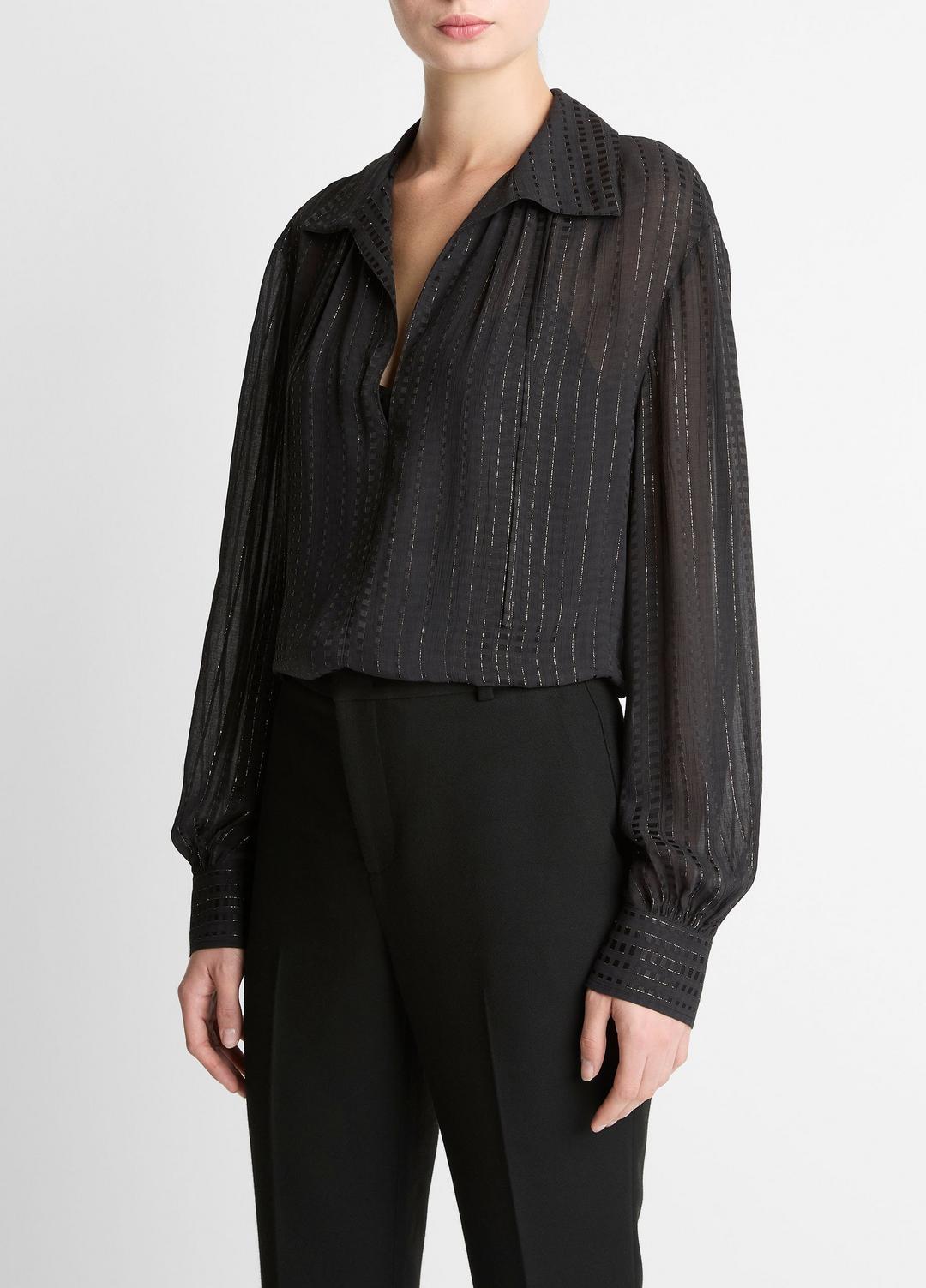 Metallic-Stripe Gathered Blouse in Long Sleeve - BLACK