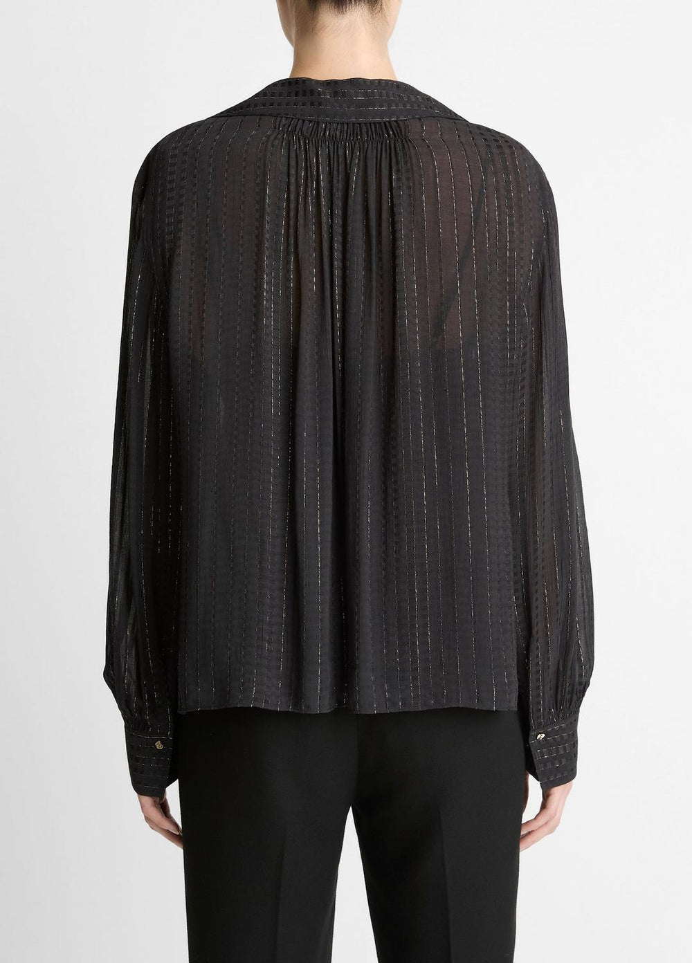 Metallic-Stripe Gathered Blouse in Long Sleeve - BLACK
