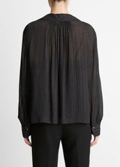 Metallic-Stripe Gathered Blouse in Long Sleeve - BLACK