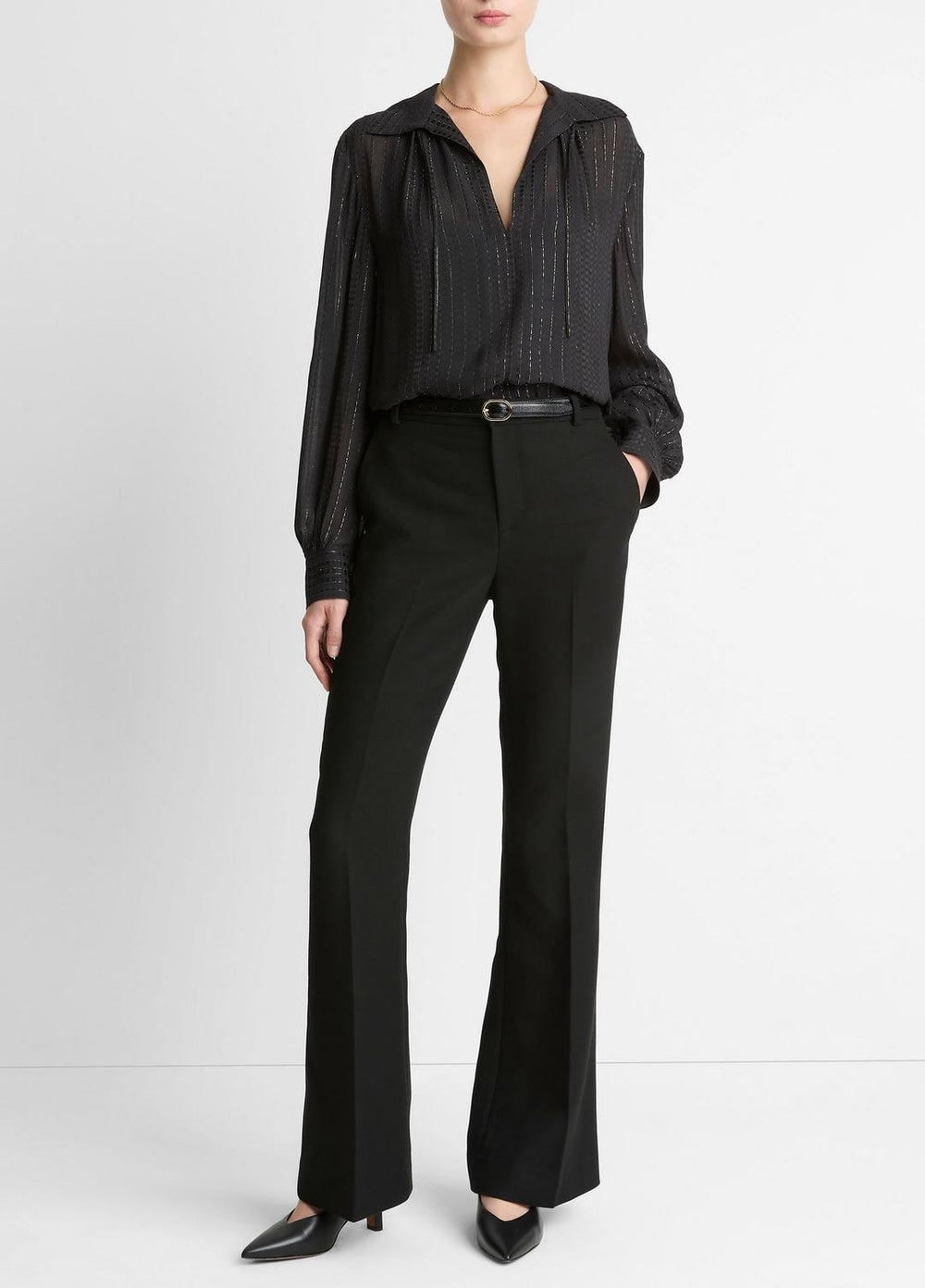 Metallic-Stripe Gathered Blouse in Long Sleeve - BLACK