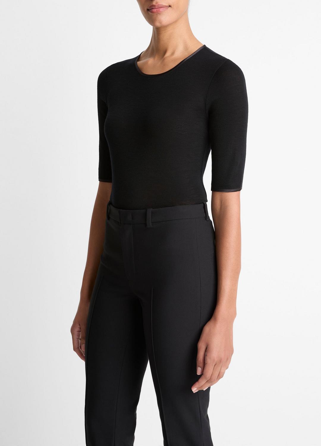 Satin-Trim Wool Elbow-Sleeve T-Shirt in Short Sleeve - BLACK
