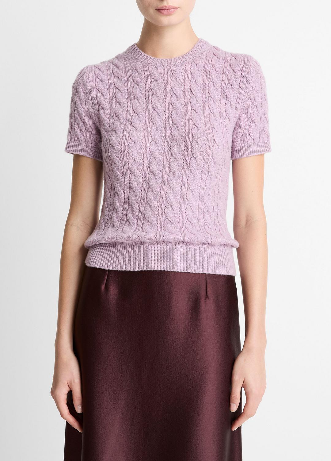 Cable-Knit Wool & Cashmere-Blend Short-Sleeve Sweater in Crew Neck - AMETHYST