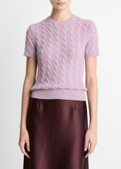 Cable-Knit Wool & Cashmere-Blend Short-Sleeve Sweater in Crew Neck - AMETHYST
