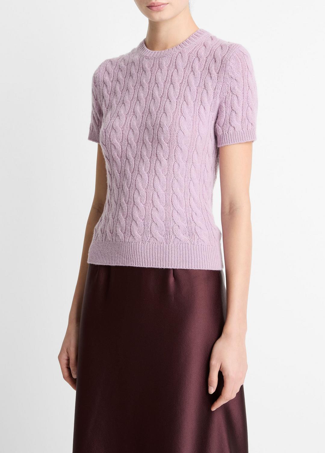 Cable-Knit Wool & Cashmere-Blend Short-Sleeve Sweater in Crew Neck - AMETHYST