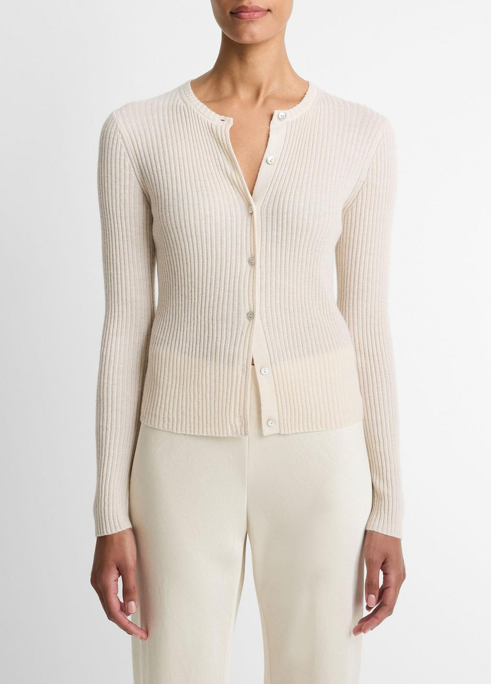 Ribbed Cashmere-Silk Cardigan in Cardigans - WHITE SAND