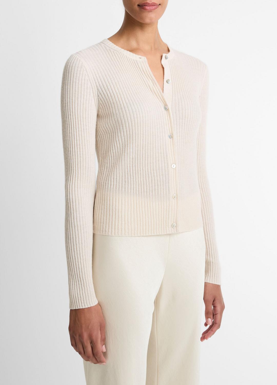 Ribbed Cashmere-Silk Cardigan in Cardigans - WHITE SAND