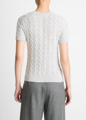 Cable-Knit Wool & Cashmere-Blend Short-Sleeve Sweater in Crew Neck - HEATHER PALE GREY
