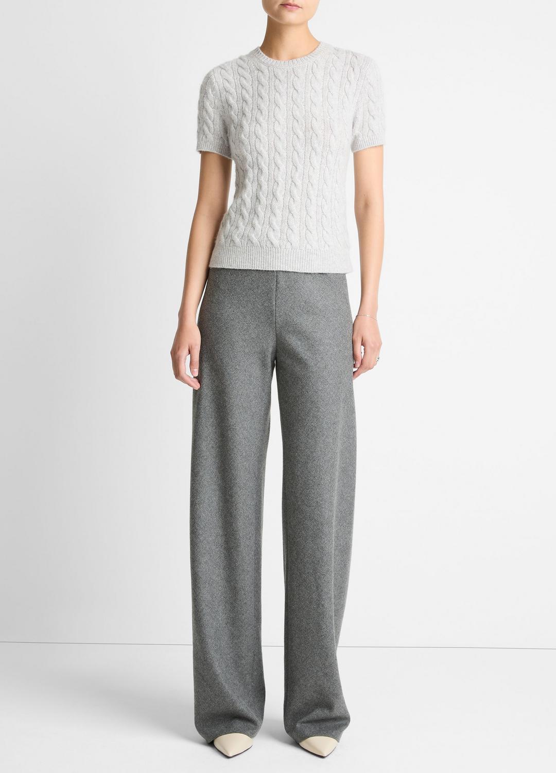 Cable-Knit Wool & Cashmere-Blend Short-Sleeve Sweater in Crew Neck - HEATHER PALE GREY