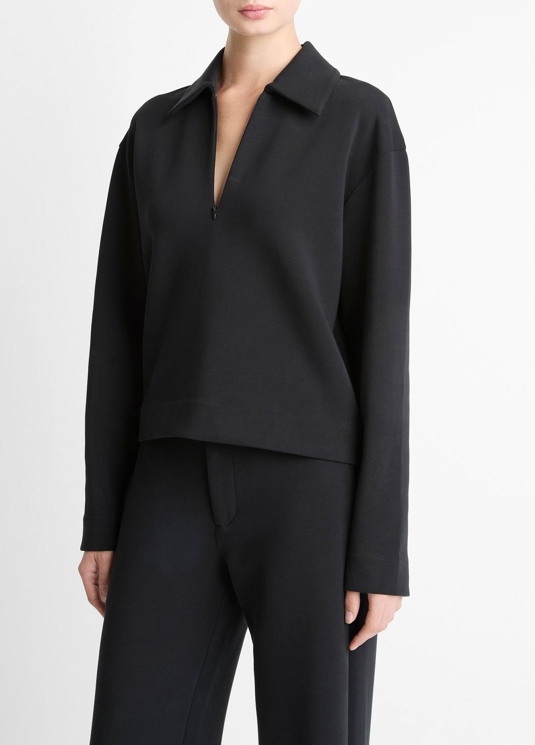 Cotton-Blend Half-Zip Pullover in Long Sleeve - BLACK