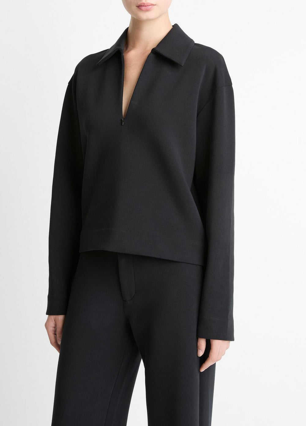 Cotton-Blend Half-Zip Pullover in Long Sleeve - BLACK