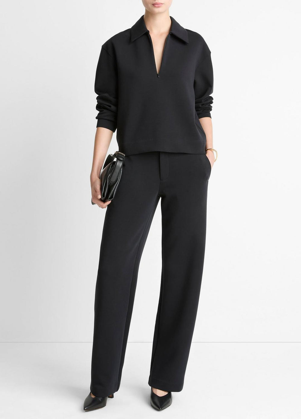 Cotton-Blend Half-Zip Pullover in Long Sleeve - BLACK