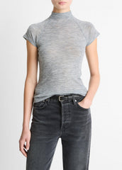 Wool Raglan Cap-Sleeve Mock-Neck Top in Short Sleeve - HEATHER THISTLE
