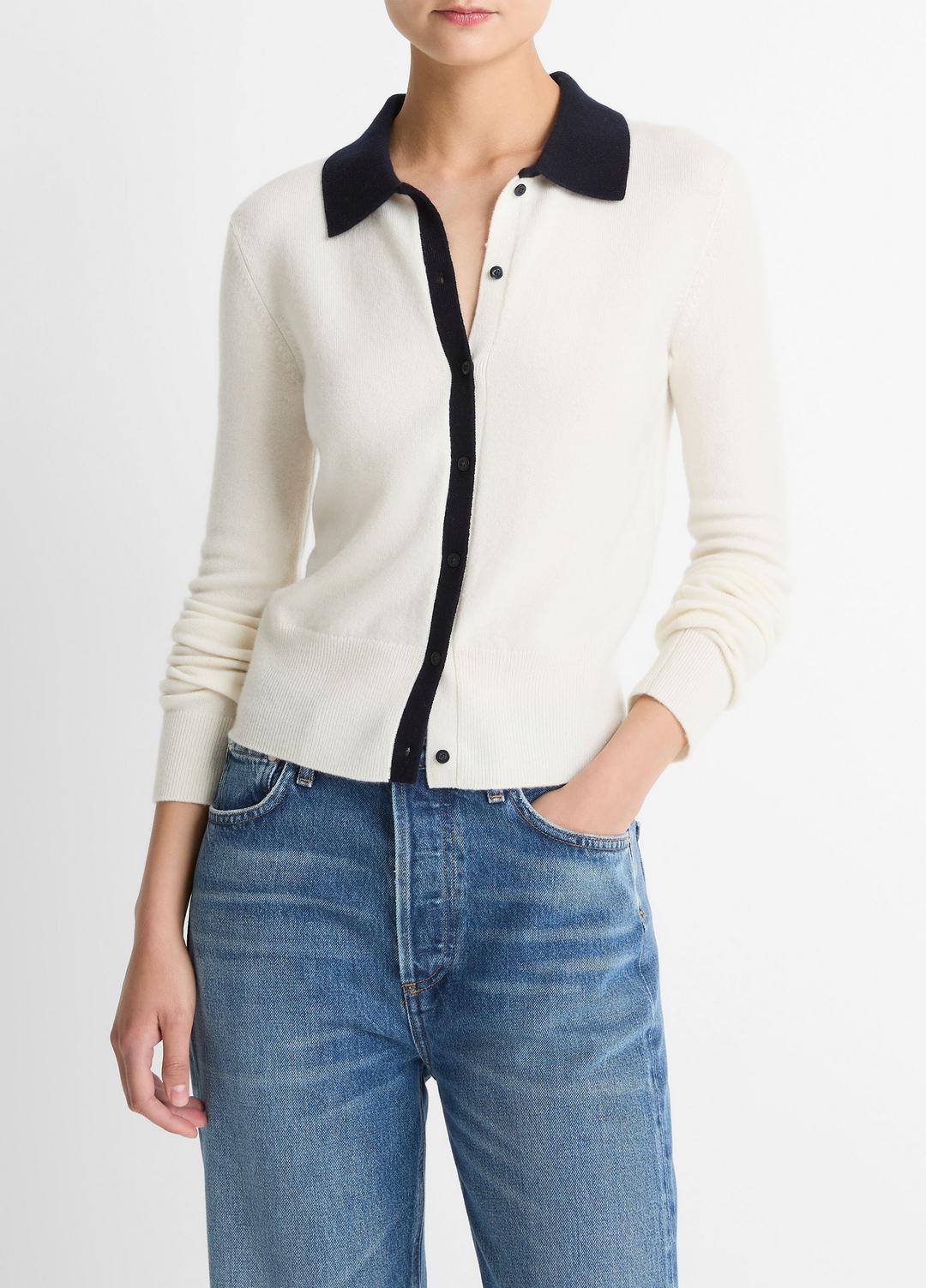 Contrast-Trim Wool & Cashmere-Blend Collared Cardigan in Cardigans - OFF WHITE/COASTAL BLUE