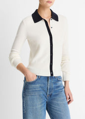 Contrast-Trim Wool & Cashmere-Blend Collared Cardigan in Cardigans - OFF WHITE/COASTAL BLUE