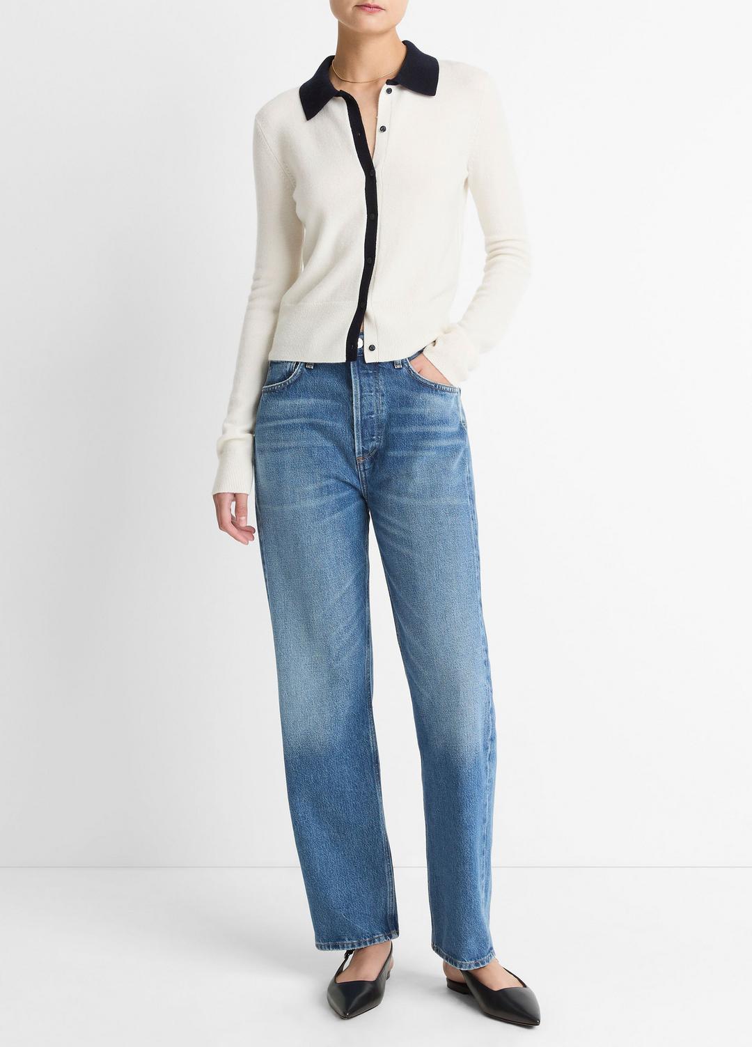 Contrast-Trim Wool & Cashmere-Blend Collared Cardigan in Cardigans - OFF WHITE/COASTAL BLUE