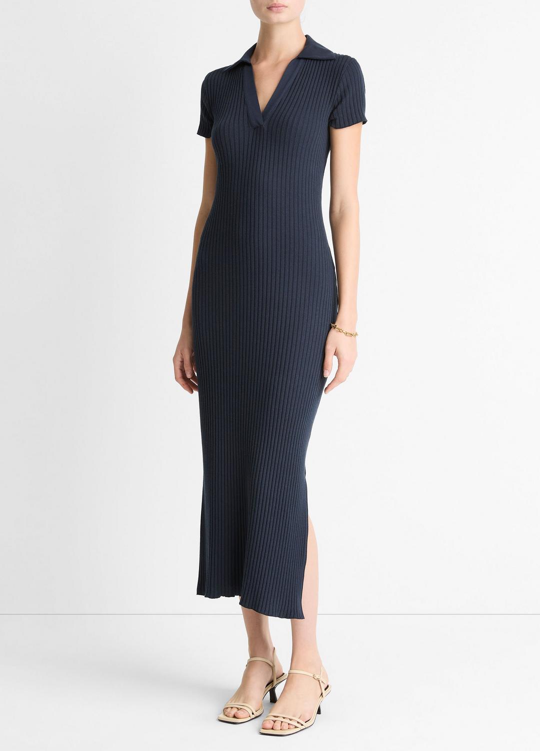 Ribbed Cotton-Blend Polo Dress in Dresses - COASTAL BLUE