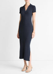 Ribbed Cotton-Blend Polo Dress in Dresses - COASTAL BLUE