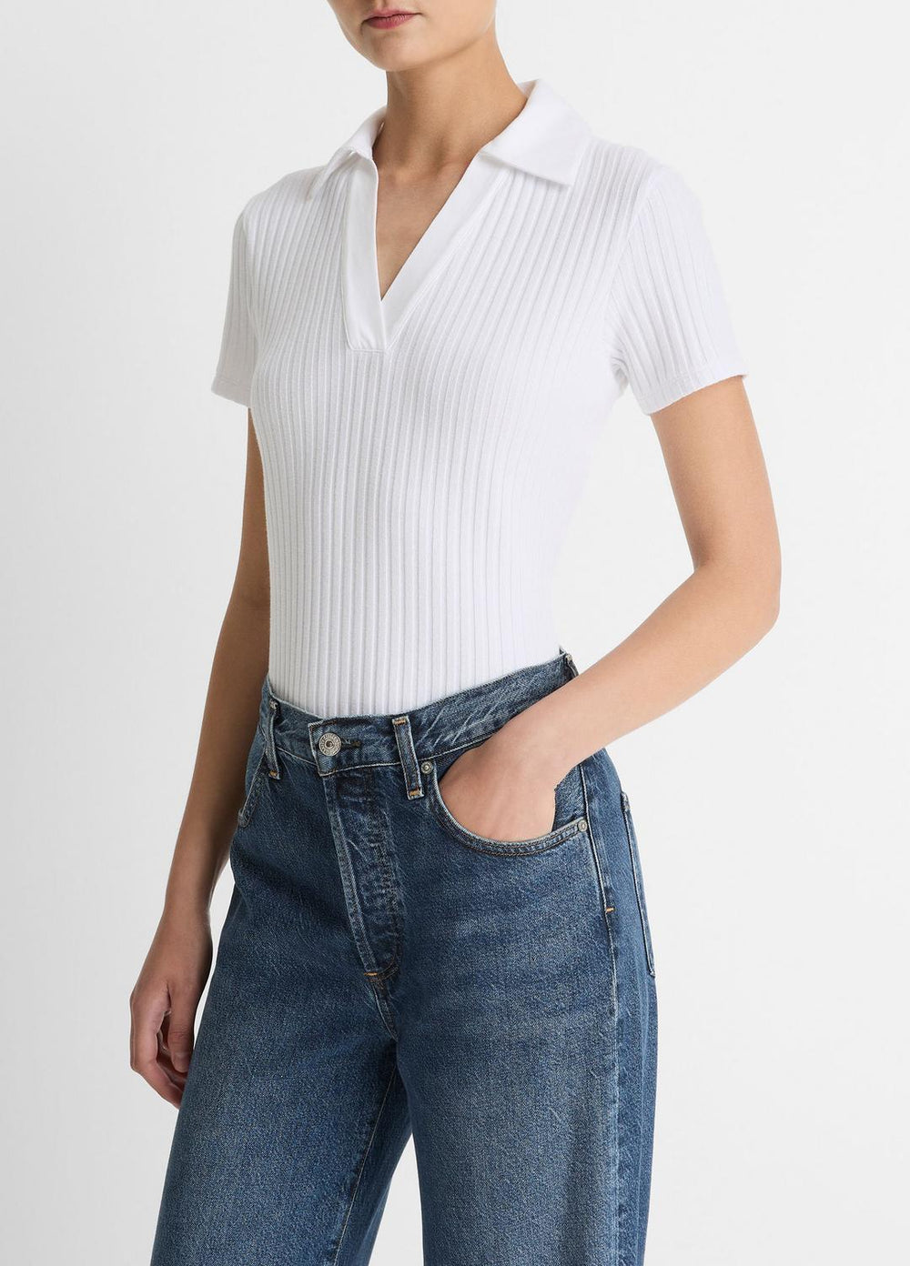 Ribbed Cotton-Blend Polo Shirt in Short Sleeve - OPTIC WHITE