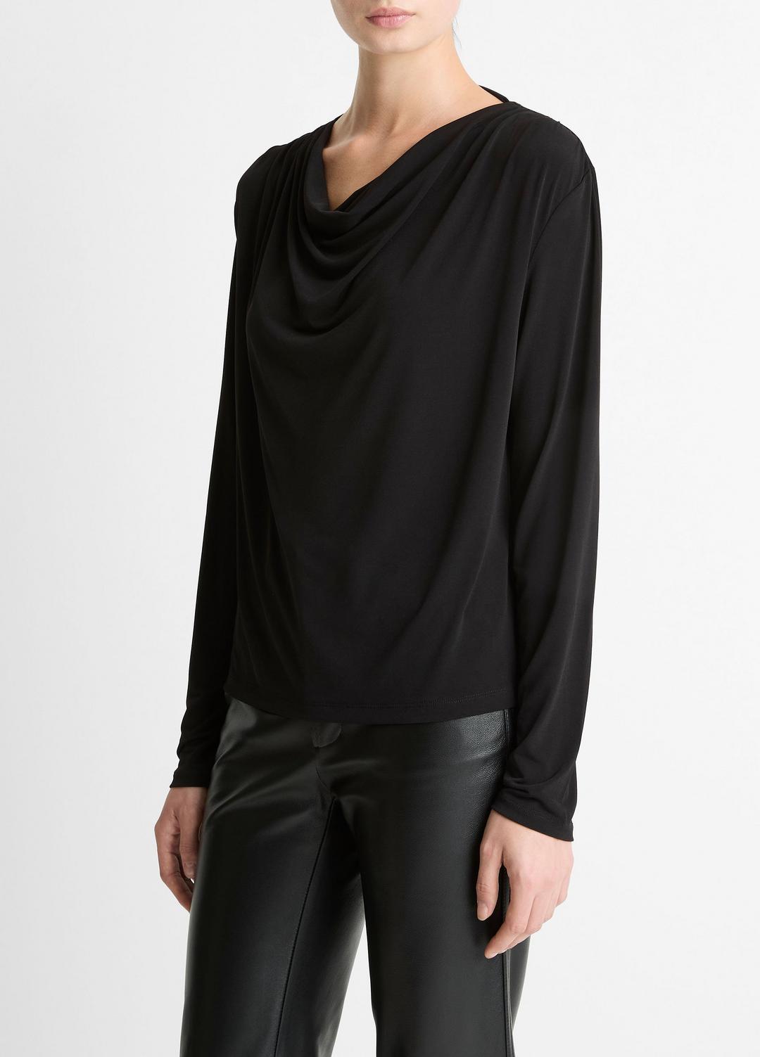 Matte Jersey Cowl-Neck Top in Long Sleeve - BLACK