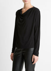 Matte Jersey Cowl-Neck Top in Long Sleeve - BLACK