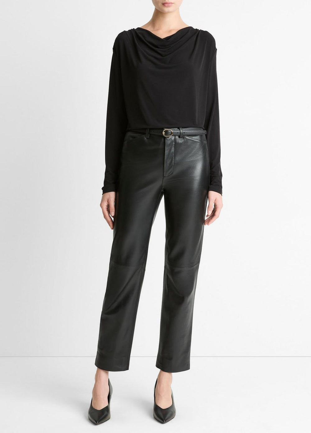 Matte Jersey Cowl-Neck Top in Long Sleeve - BLACK