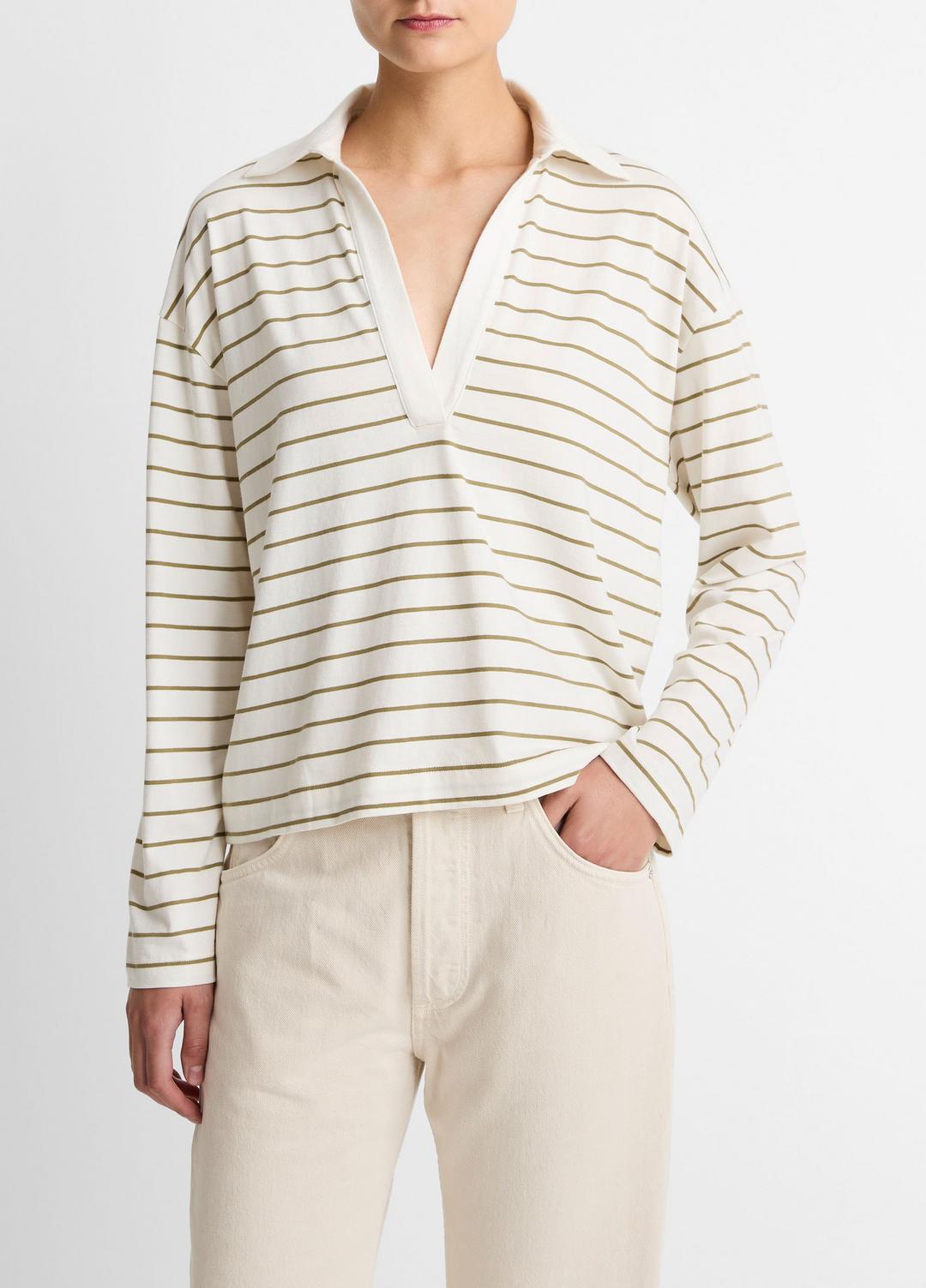 Striped Cotton Long-Sleeve Polo Shirt in Long Sleeve - OLIVE STONE COMBO