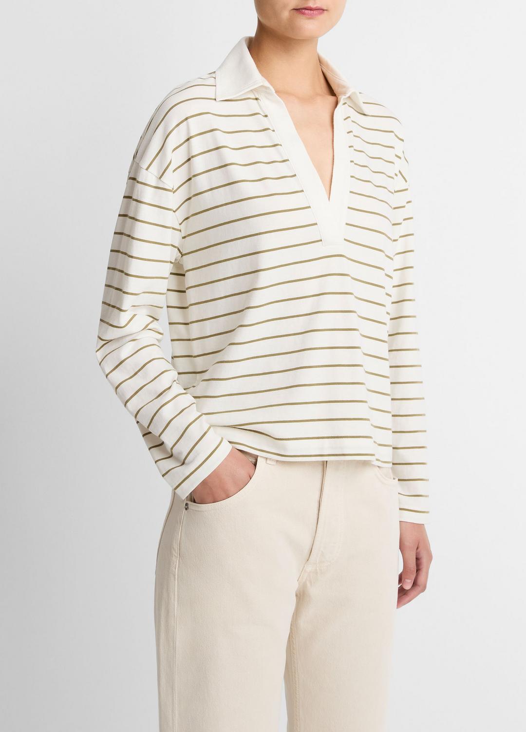 Striped Cotton Long-Sleeve Polo Shirt in Long Sleeve - OLIVE STONE COMBO