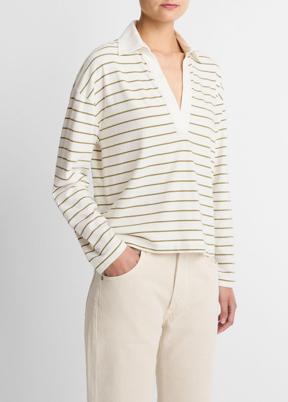 Striped Cotton Long-Sleeve Polo Shirt in Long Sleeve - OLIVE STONE COMBO