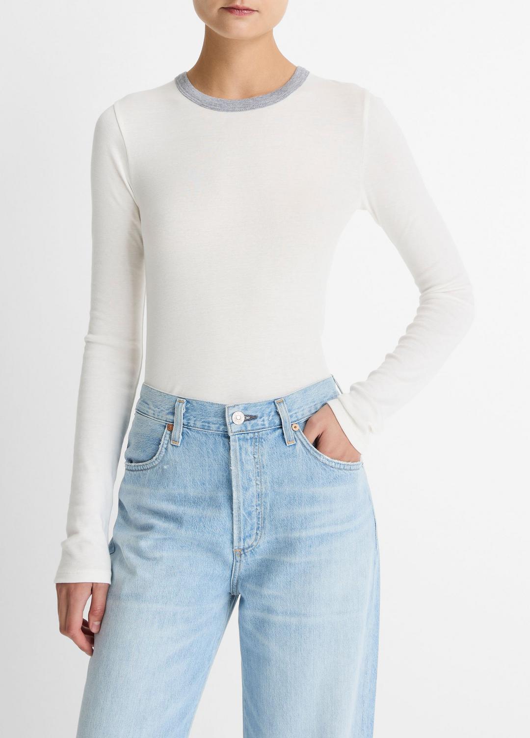 Tipped Heathered Pima Cotton-Blend Long-Sleeve T-Shirt in Long Sleeve - OFF WHITE COMBO