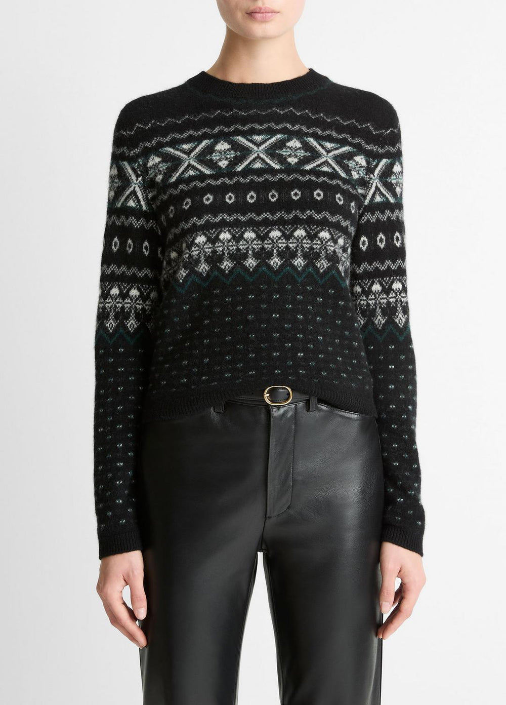 Fair Isle Plush Cashmere Sweater in Crew Neck - BLACK/WHITE COMBO