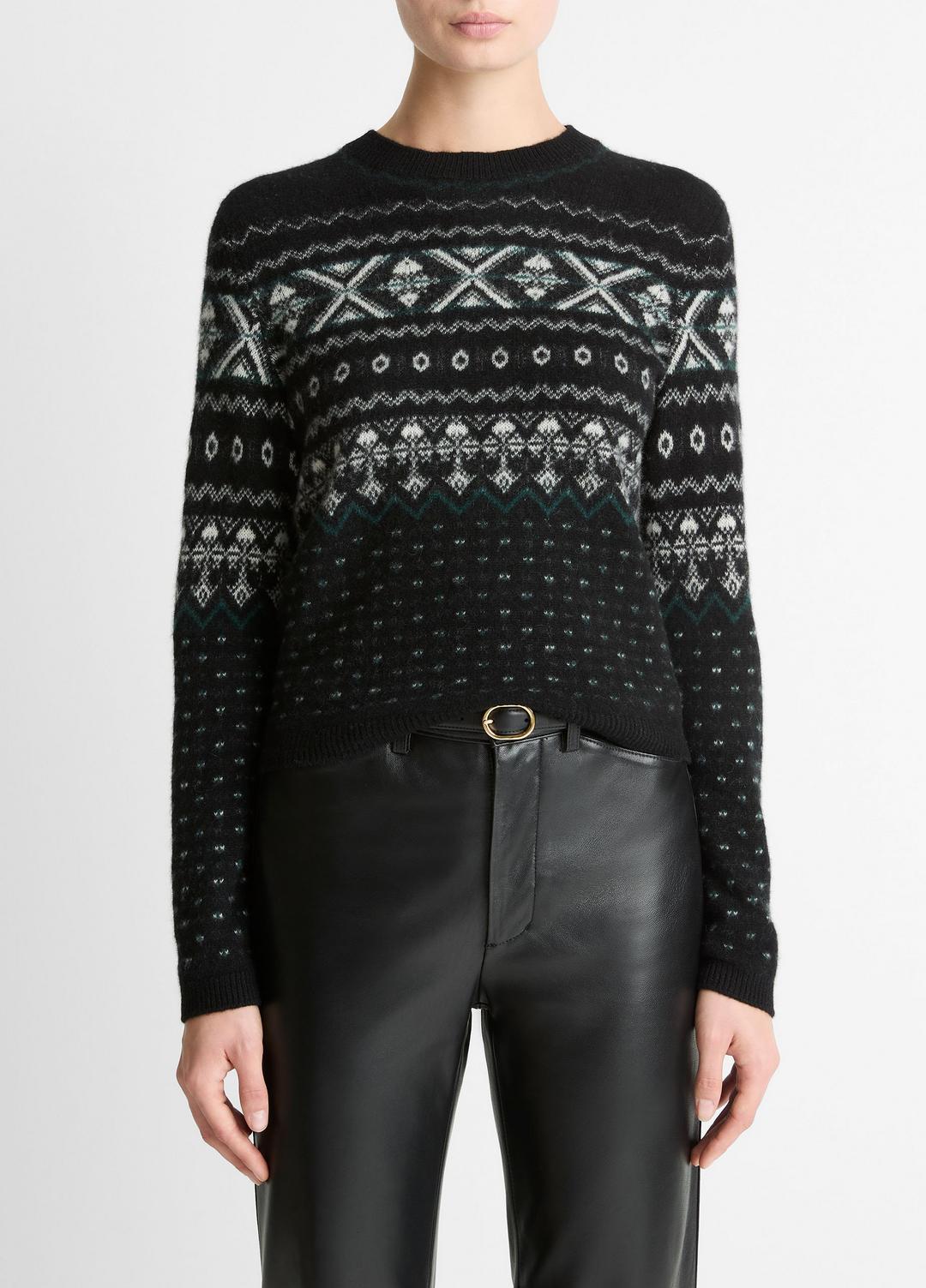 Fair Isle Plush Cashmere Sweater in Crew Neck - BLACK/WHITE COMBO