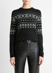 Fair Isle Plush Cashmere Sweater in Crew Neck - BLACK/WHITE COMBO