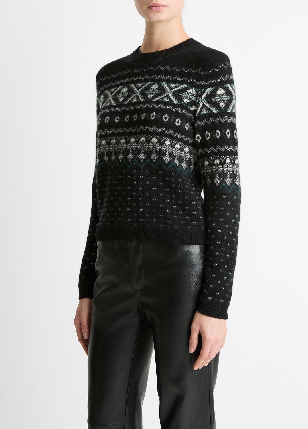 Fair Isle Plush Cashmere Sweater in Crew Neck - BLACK/WHITE COMBO