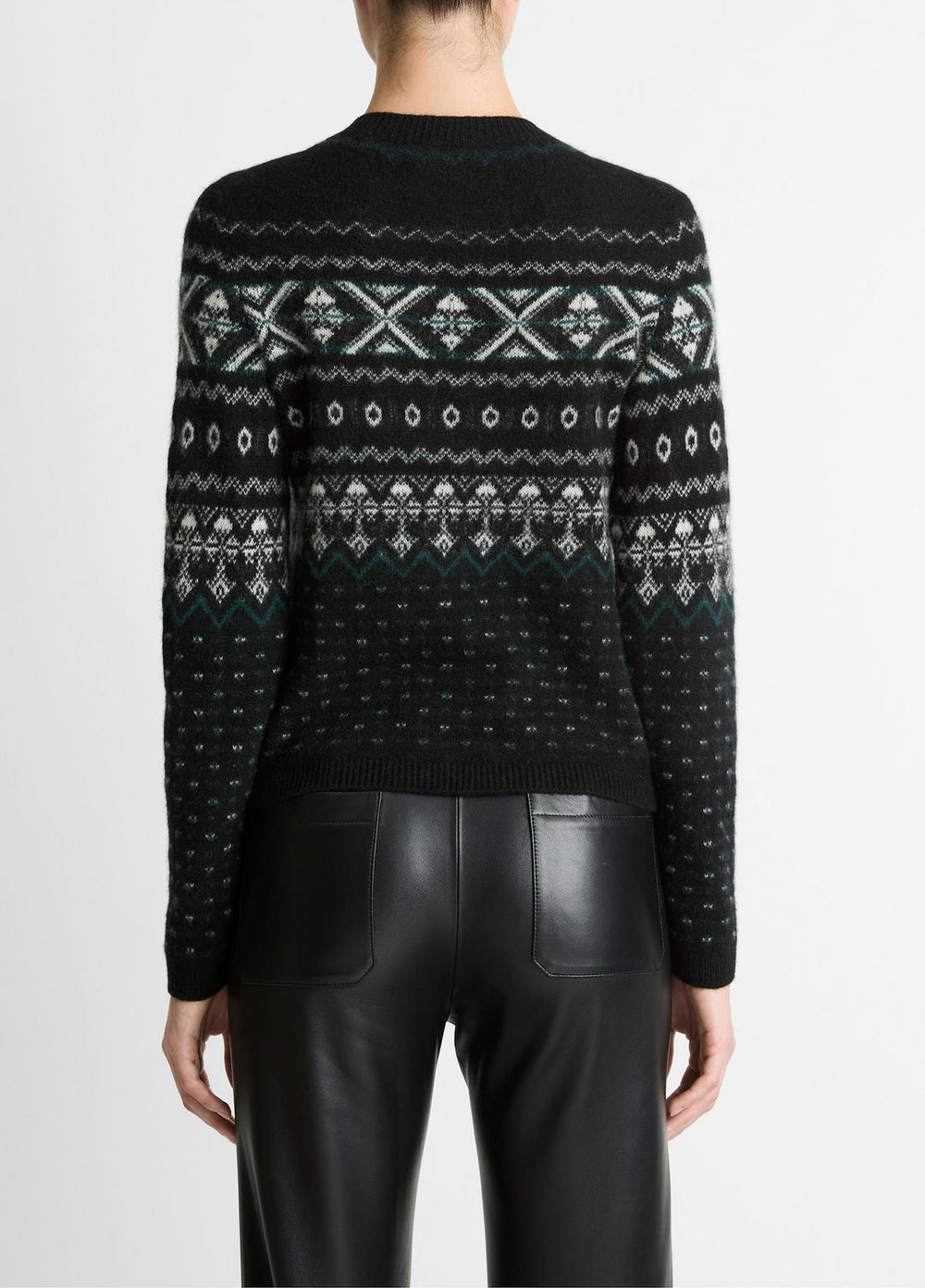 Fair Isle Plush Cashmere Sweater in Crew Neck - BLACK/WHITE COMBO