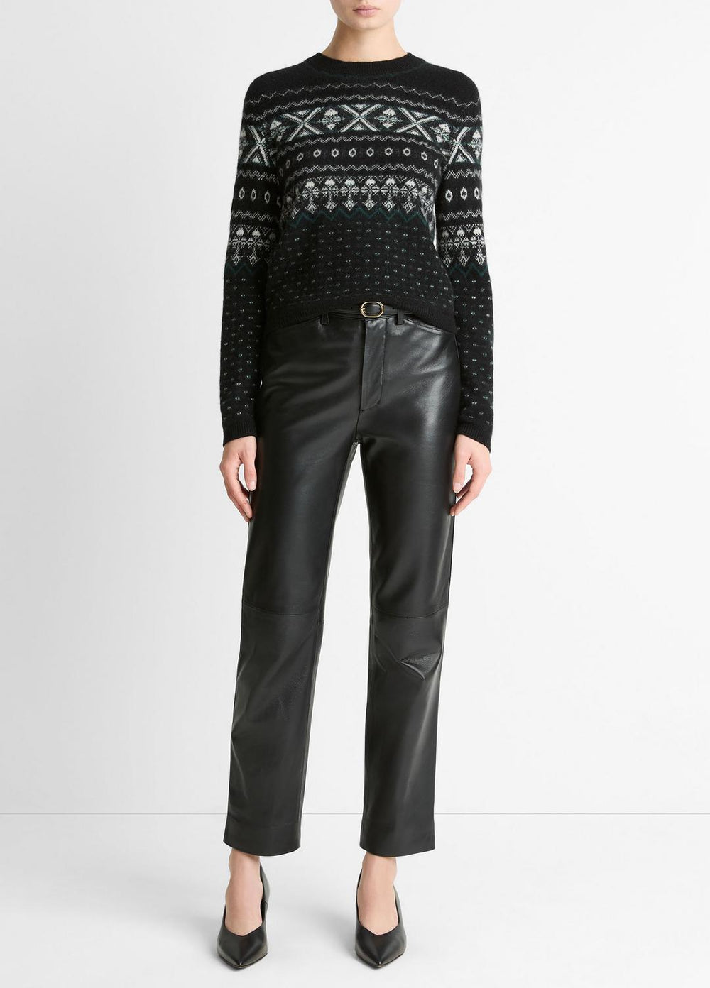 Fair Isle Plush Cashmere Sweater in Crew Neck - BLACK/WHITE COMBO