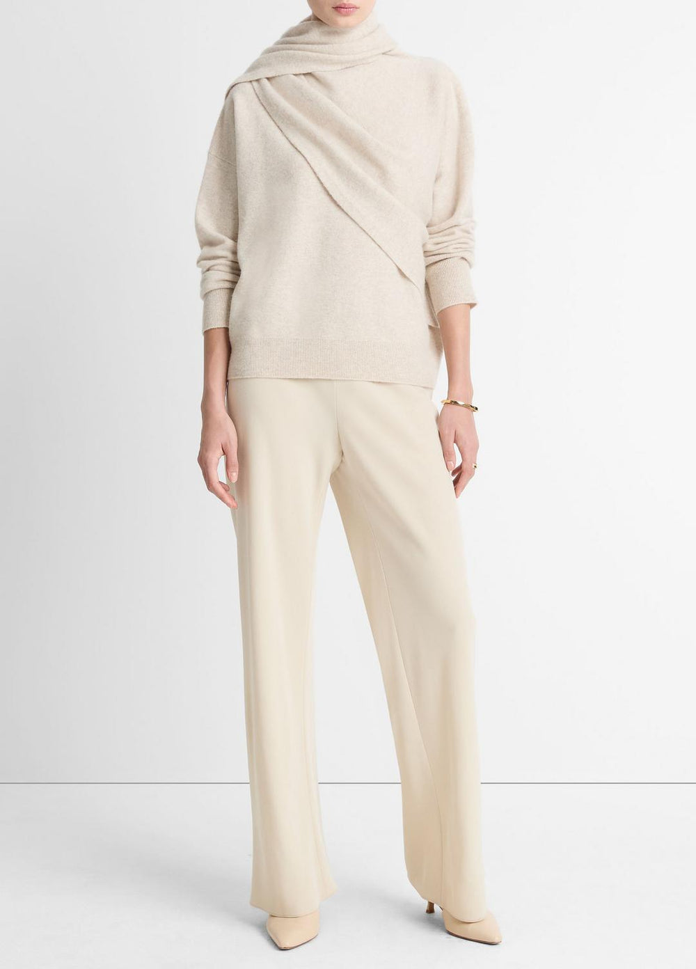 Draped-Shawl Wool-Cashmere Sweater in Turtleneck - HEATHER DOVE OAT