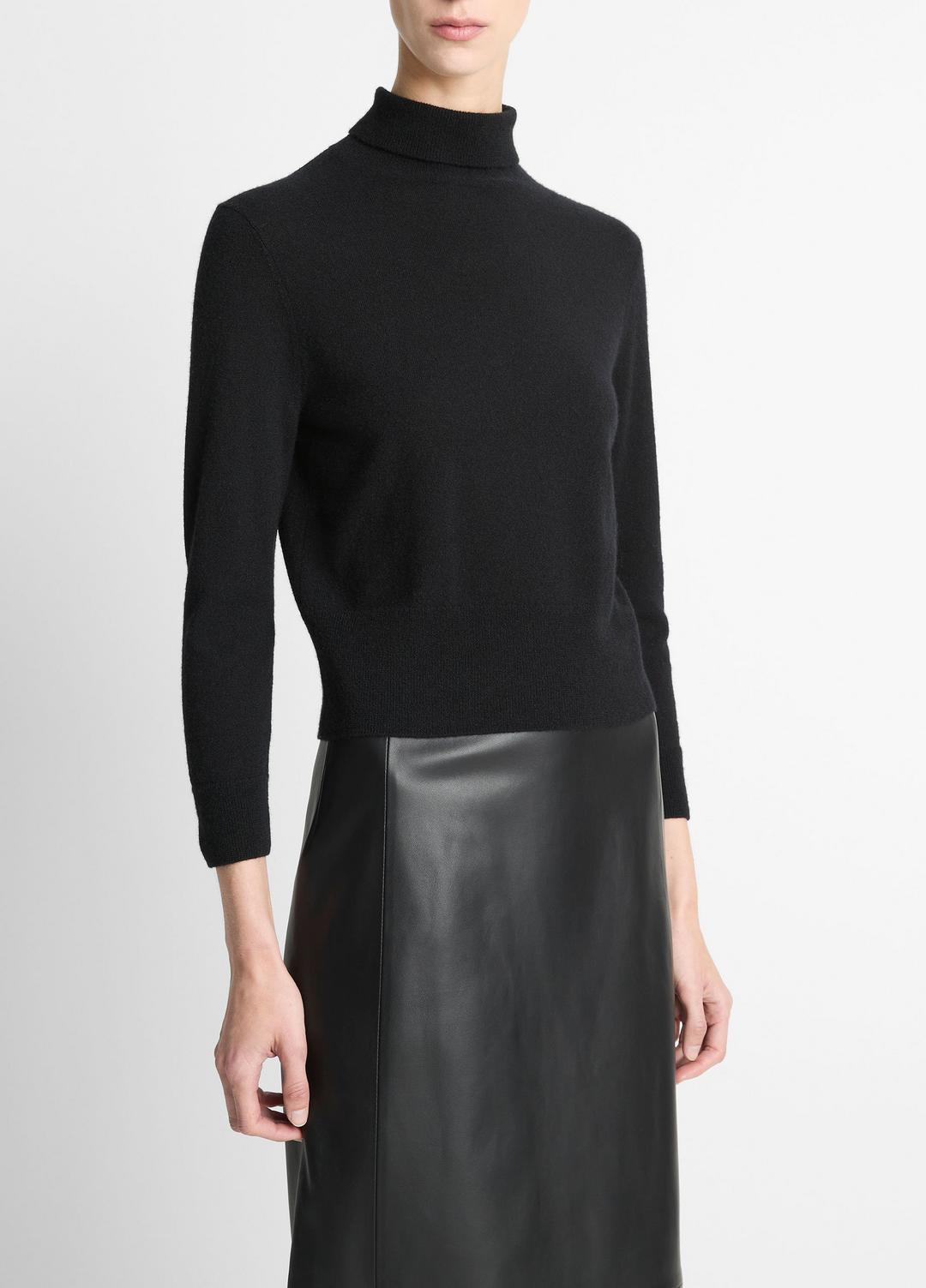 Cashmere-Silk Three-Quarter-Sleeve Mock-Neck Sweater in Turtleneck - BLACK